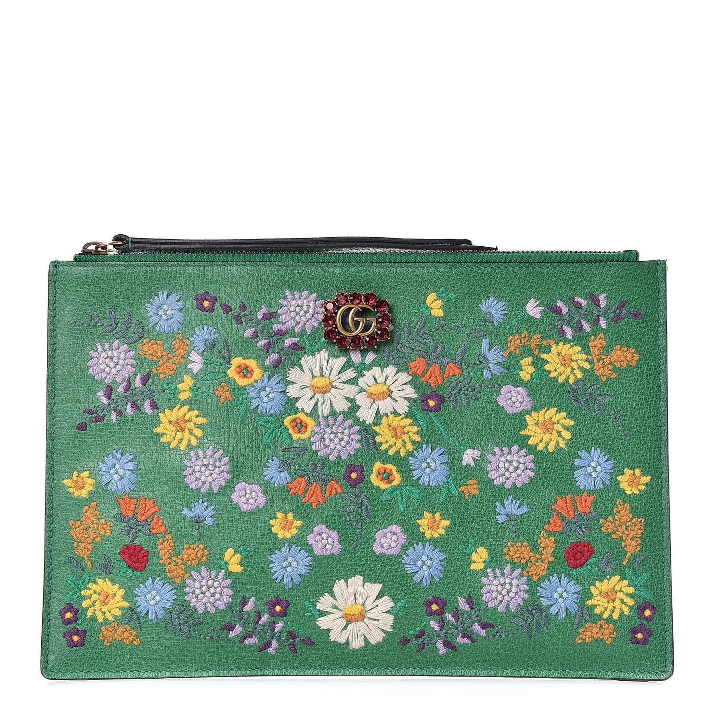 Textured Calfskin Crystal Fiori Floral Embroidered GG Zip Pouch Grass Green