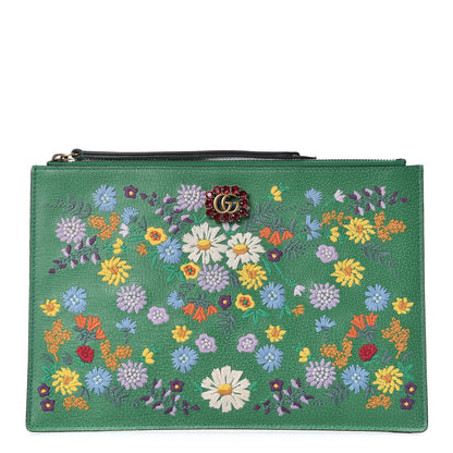 Gucci Textured Calfskin Crystal Fiori Floral Embroidered GG Zip Pouch Grass Green 1 of 7