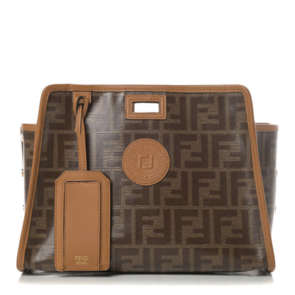 Fendi Glazed Fabric Vitello Century FF 1974 Stamp Patch Mini Peekaboo Defender Cover Mogano Panna Caramello 1 of 8