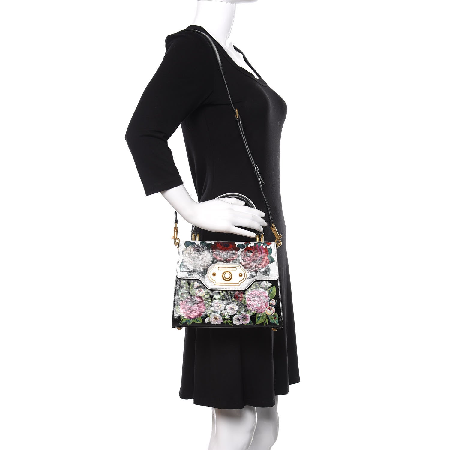 Dolce & Gabbana Grained Calfskin Floral Printed Medium Welcome Satchel Black White 2 of 12