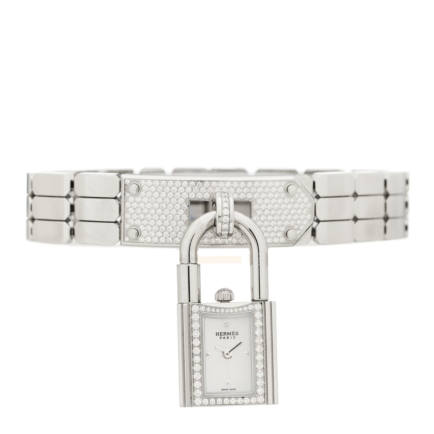 Hermes Stainless Steel Diamond Pave 16mm Kelly Quartz Watch 2 of 6