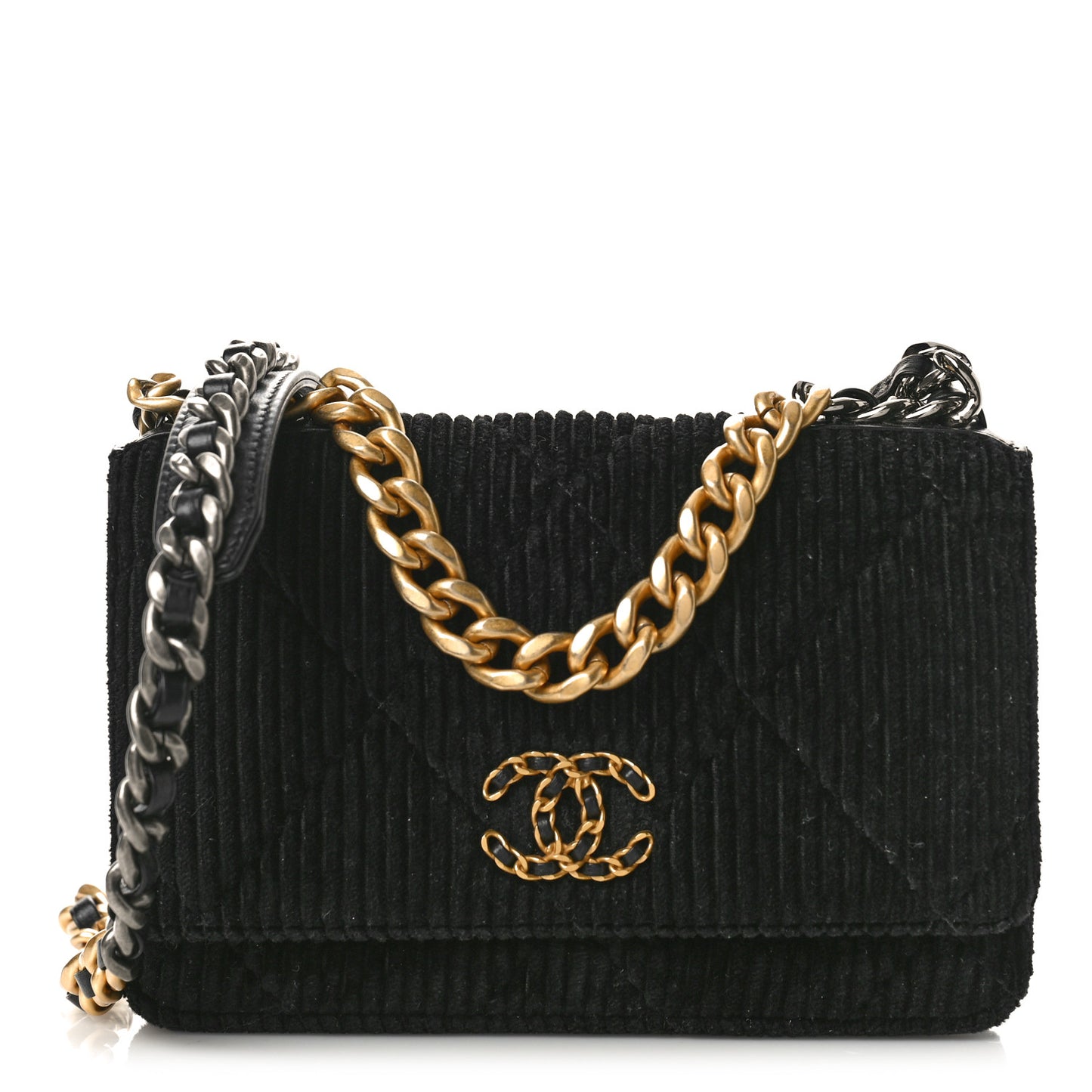 Corduroy Quilted Chanel 19 Wallet On Chain WOC Black