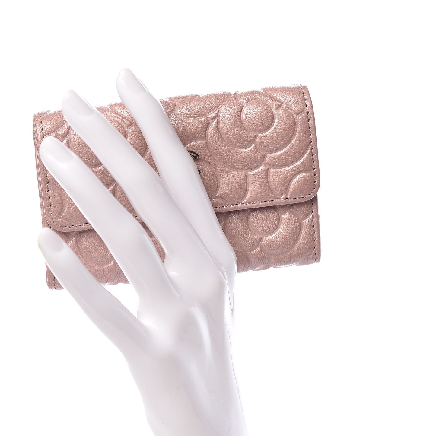 Goatskin Camellia Embossed Card Holder Wallet Light Pink