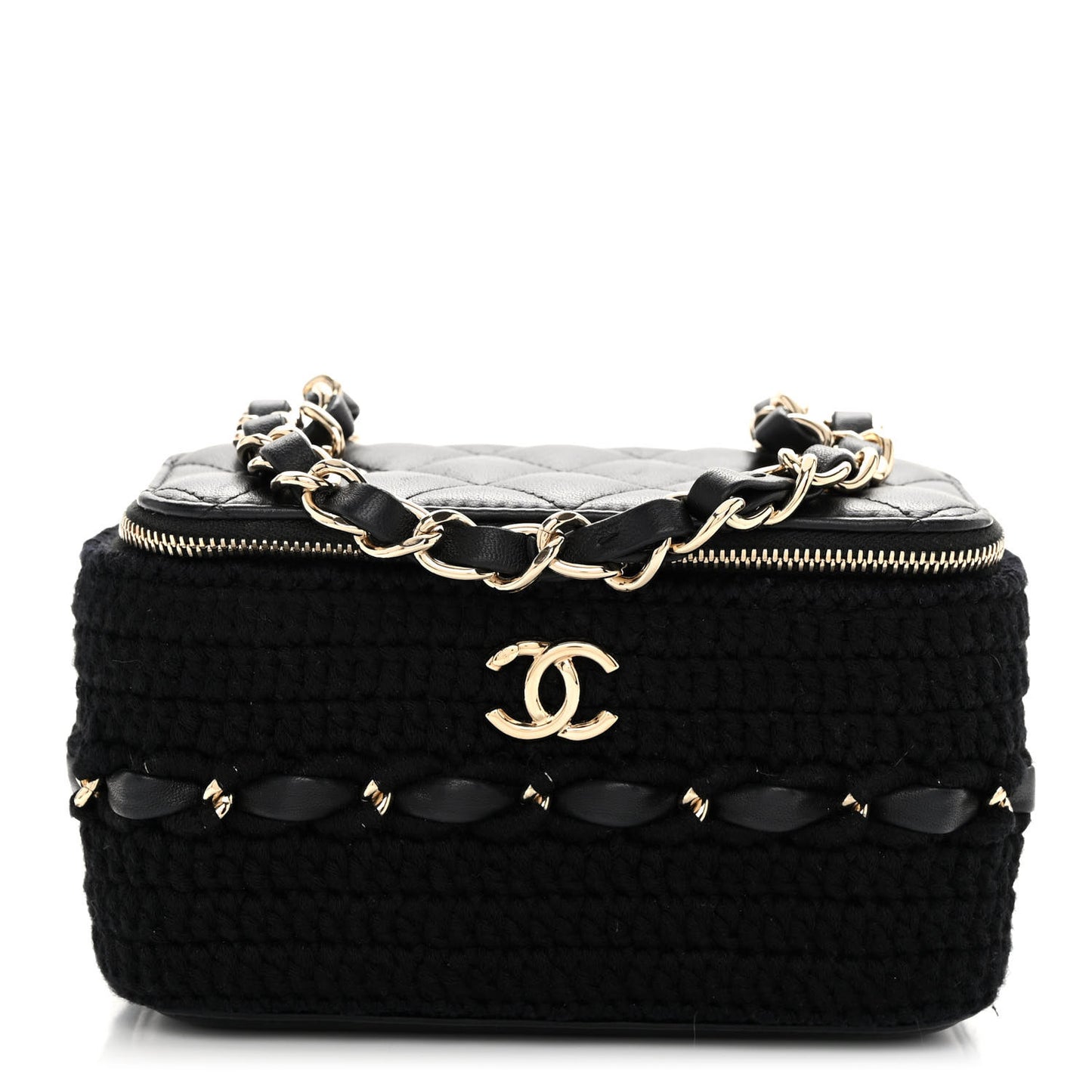 Lambskin Crochet Quilted Small Vanity Case With Chain Black