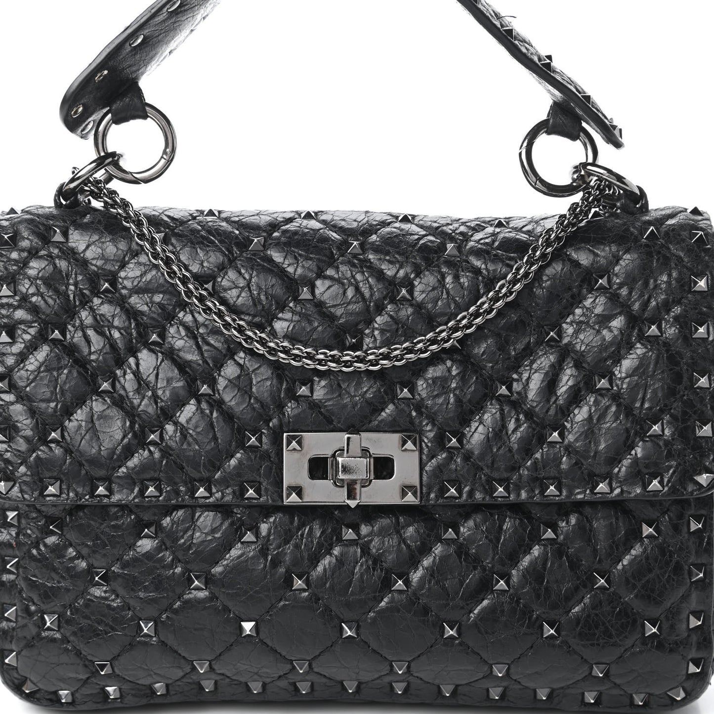 Craquele Nappa Medium Rockstud Spike Shoulder Bag Black