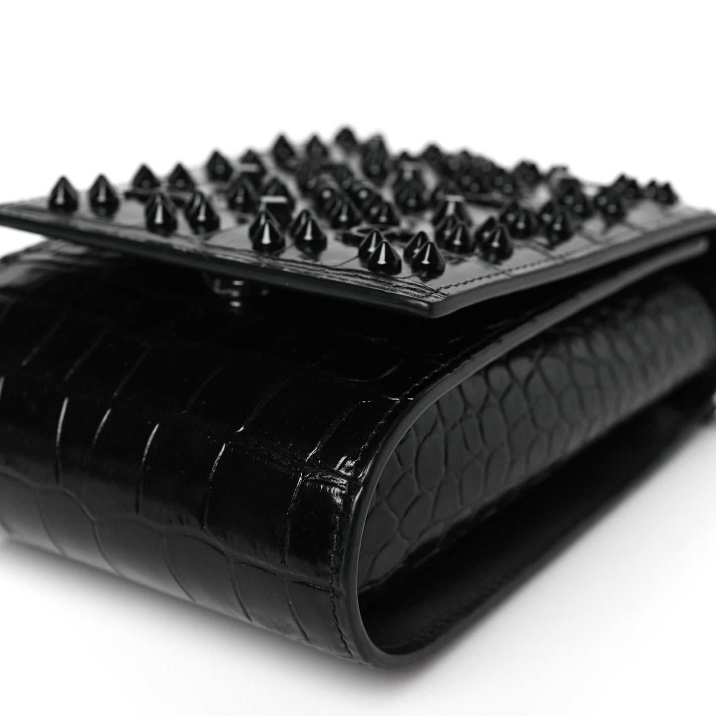 Crocodile Embossed Calfskin Spikes Loubinthesky Paloma Crossbody Phone Case Black