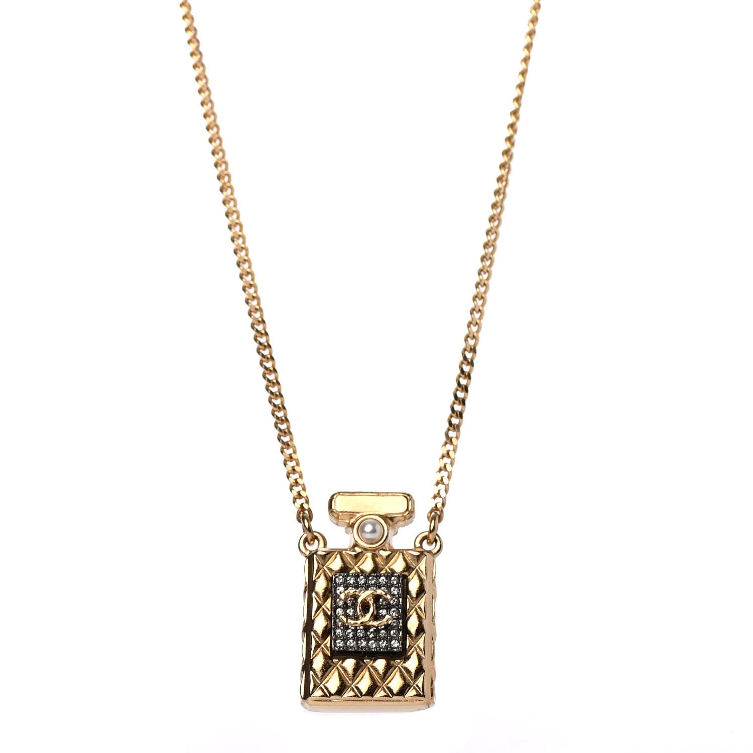 Chanel Crystal Pearl Perfume Bottle CC Necklace Black Gold 5 of 8