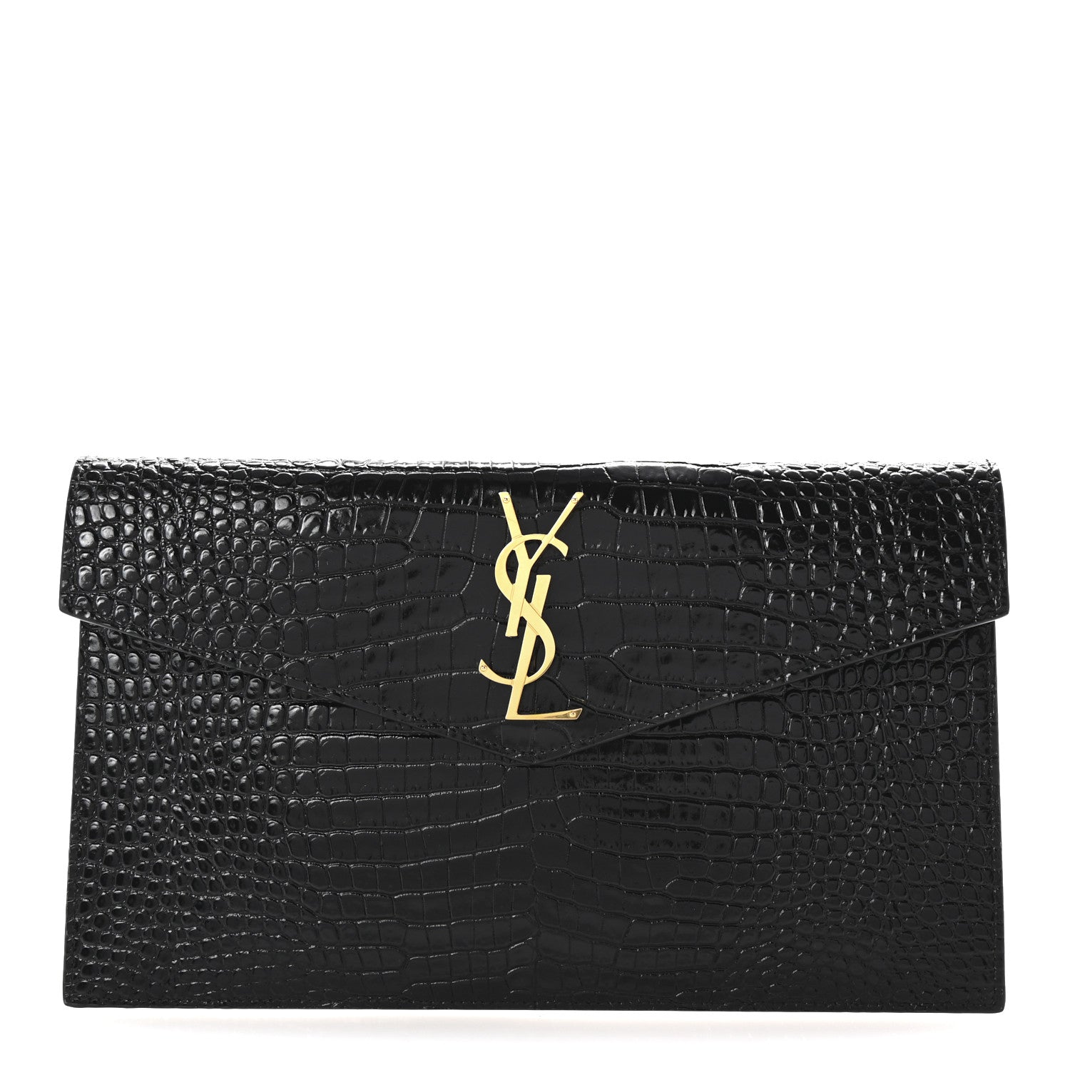 Saint Laurent Calfskin Crocodile Embossed Uptown Monogram Pouch Black 1 of 7