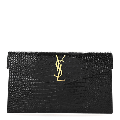Saint Laurent Calfskin Crocodile Embossed Uptown Monogram Pouch Black 1 of 7