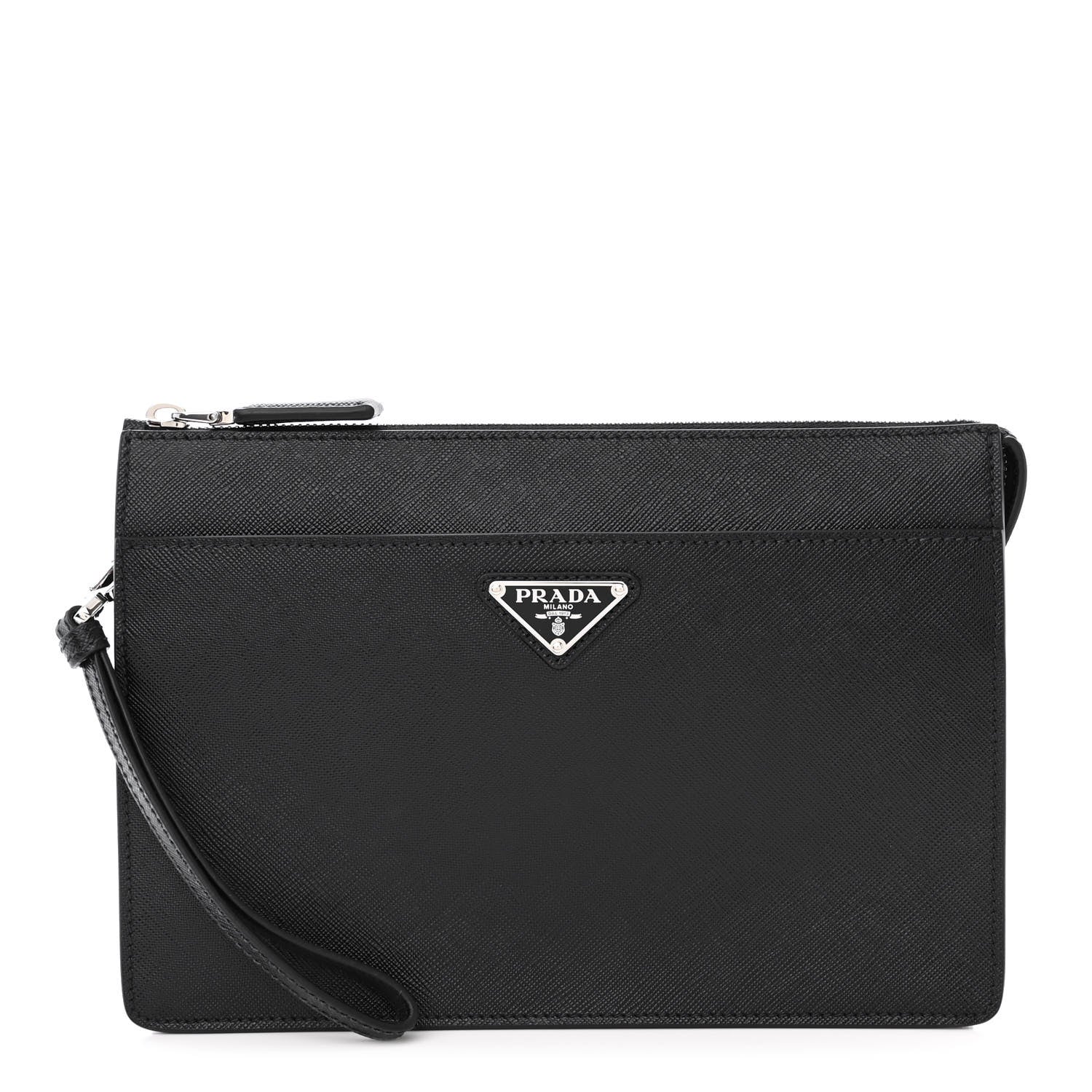 Prada Saffiano Travel Metal Triangle Logo Wristlet Pouch Black 1 of 10