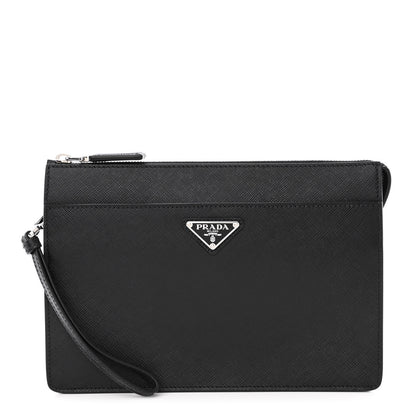 Prada Saffiano Travel Metal Triangle Logo Wristlet Pouch Black 1 of 10