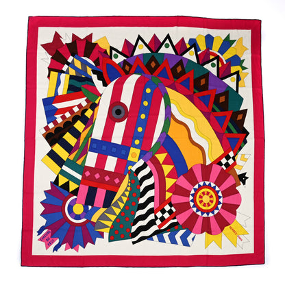 Hermes Cashmere Silk Cheval De Fete Shawl 140 Rose Vif White Multicolor 1 of 10
