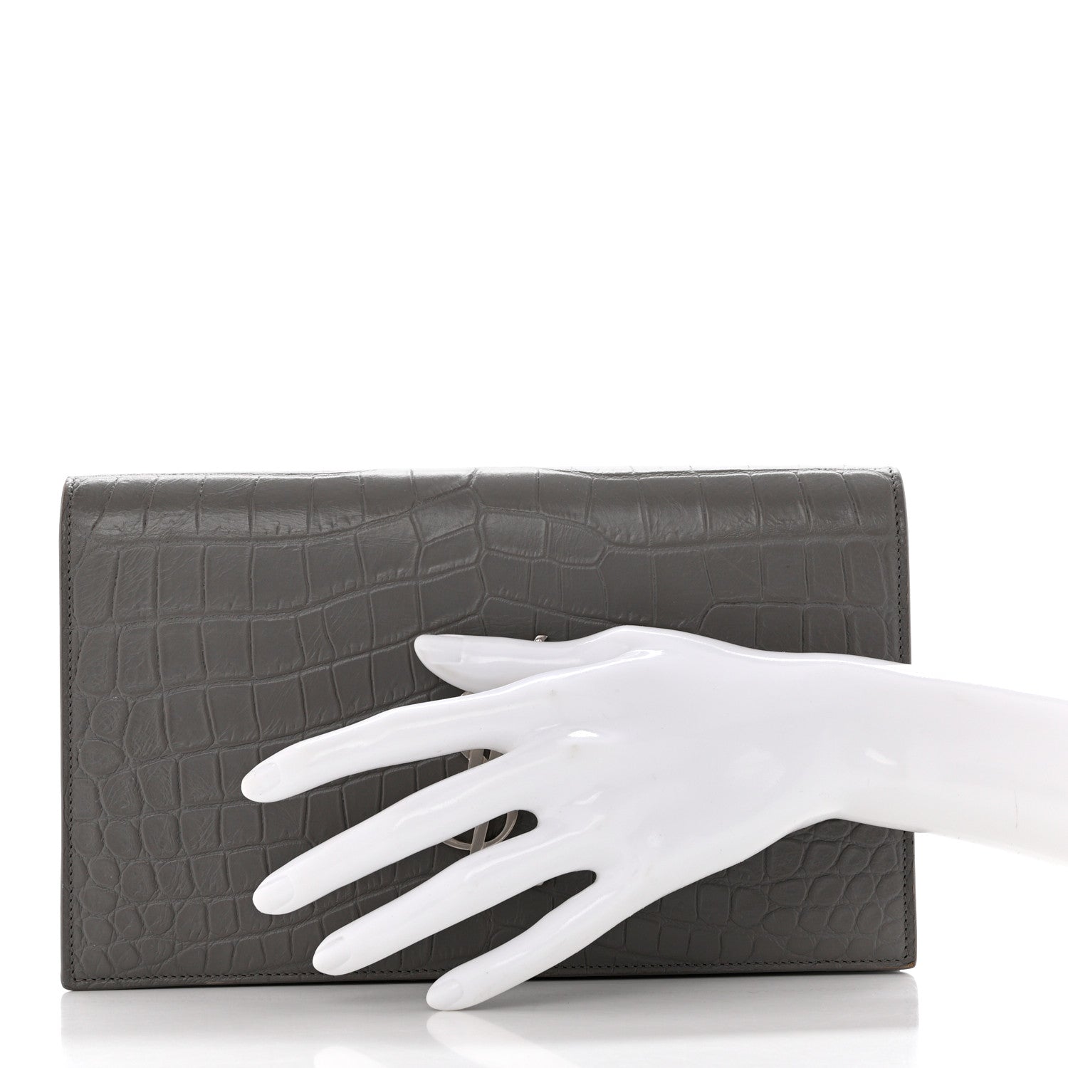 Saint Laurent Croc Embossed Calfskin Classic Kate Monogram Clutch Fog 2 of 7
