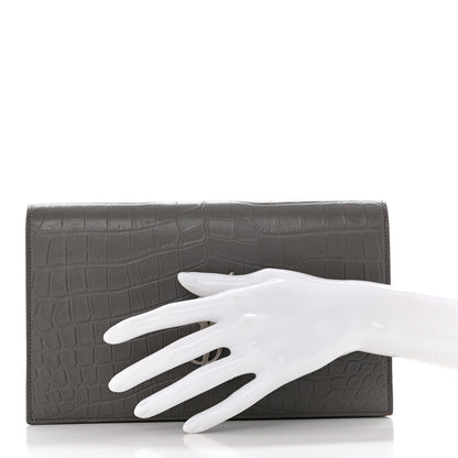 Saint Laurent Croc Embossed Calfskin Classic Kate Monogram Clutch Fog 2 of 7