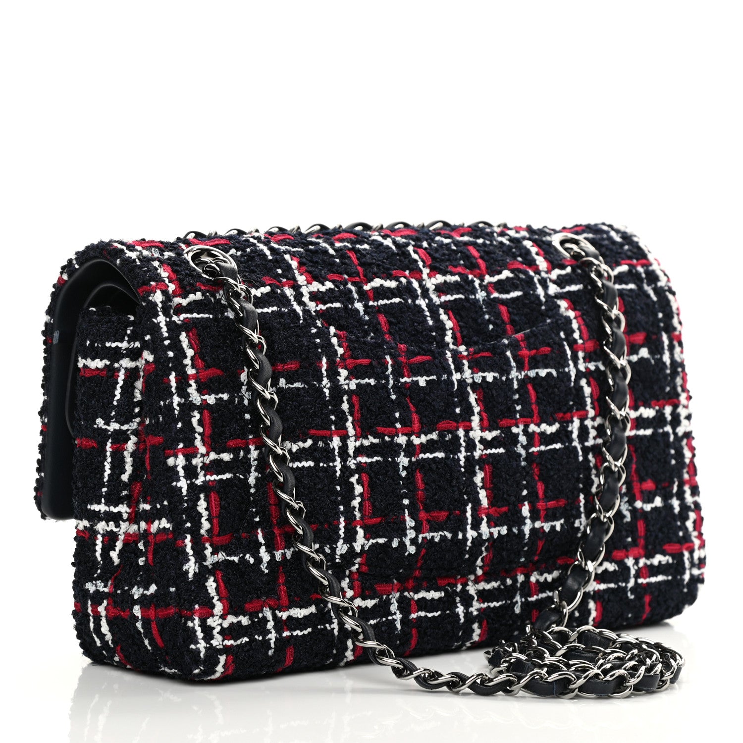 Chanel Tweed Quilted Medium Double Flap Navy White Red 3 of 16