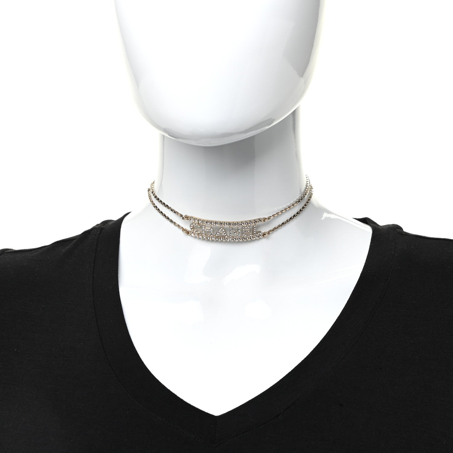 Chanel Metal Crystal Logo Choker Necklace Gold 2 of 5