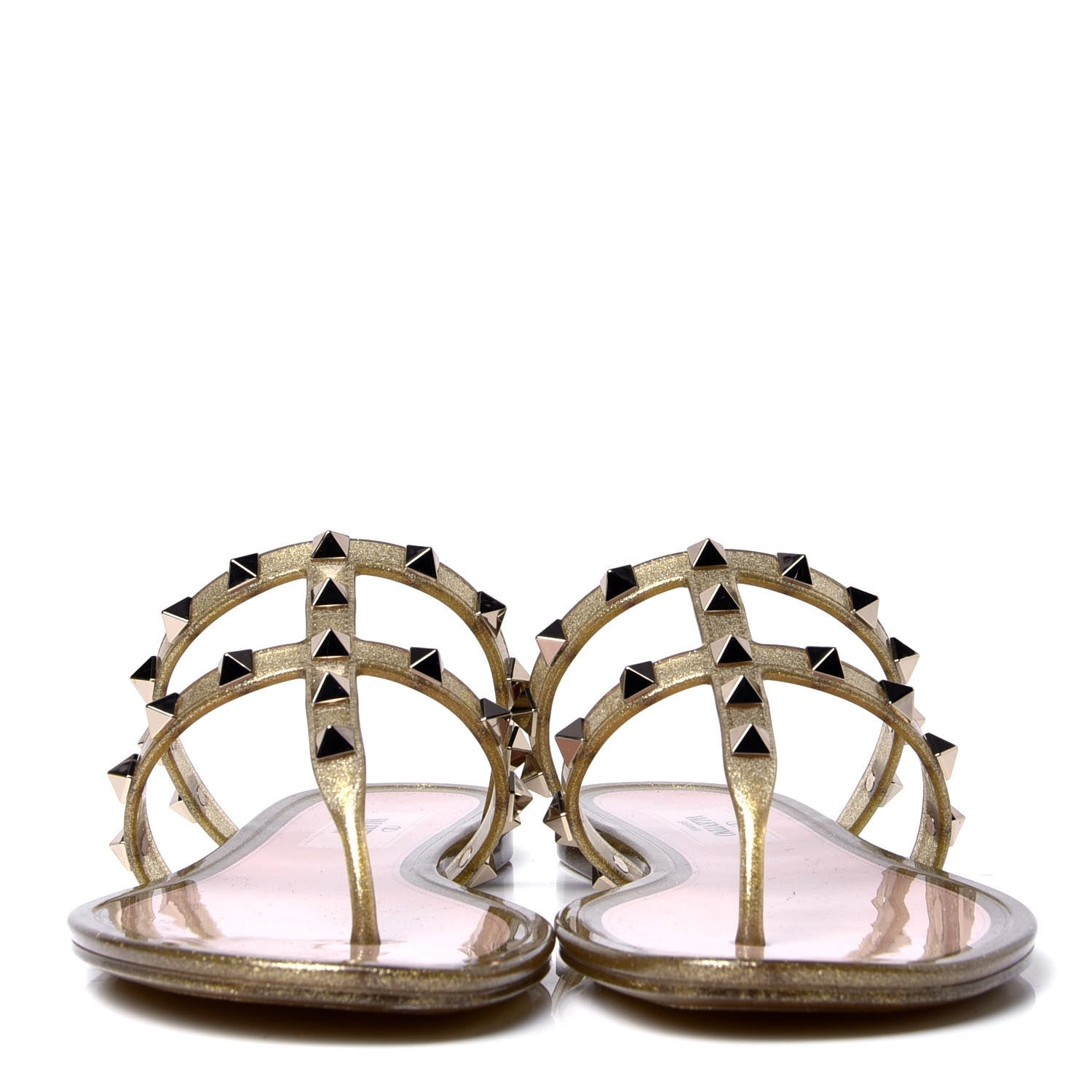 Valentino Garavani PVC Jelly Glitter Rockstud Caged Flat Thong Sandals 39 Oro 2 of 6