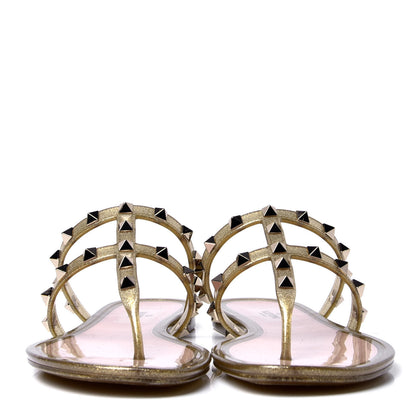 Valentino Garavani PVC Jelly Glitter Rockstud Caged Flat Thong Sandals 39 Oro 2 of 6