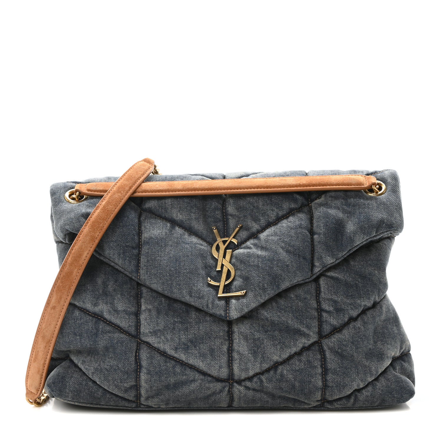 Saint Laurent Denim Quilted Medium Loulou Puffer Monogram Chain Satchel Blue Cinnamon 1 of 11