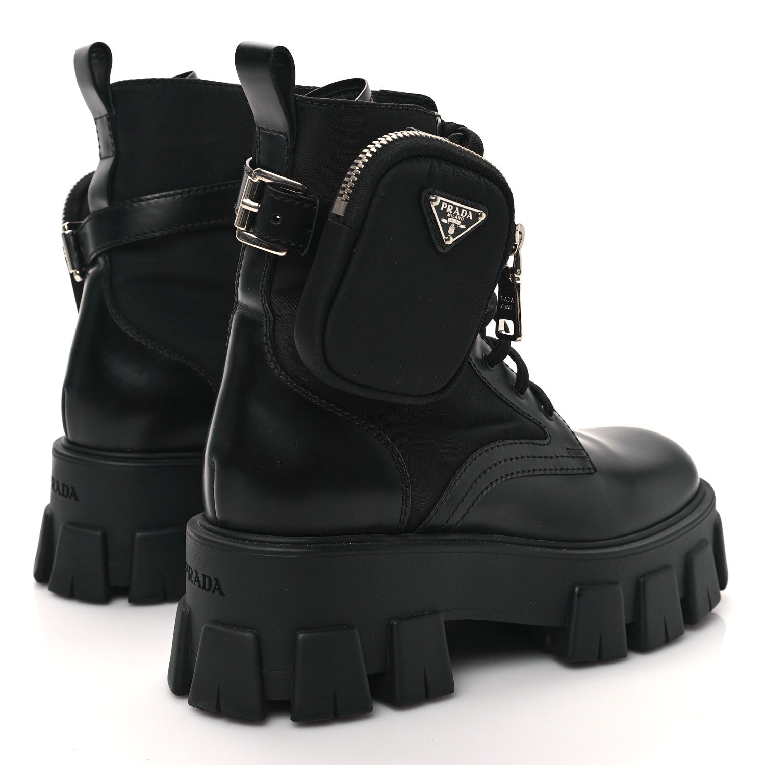 Prada Spazzolato Rois Re-Nylon Metal Triangle Logo Monolith Pouch Pocket 55mm Boots 36.5 Black 4 of 8