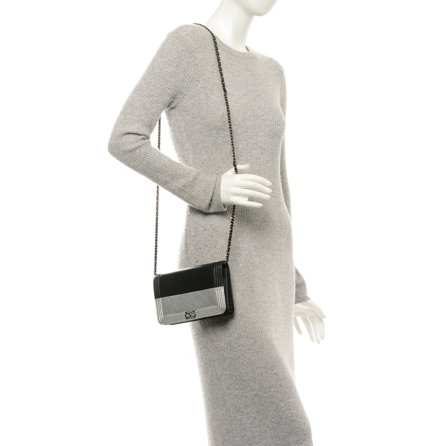 Metallic Goatskin Calfskin Boy Wallet on Chain WOC Black Silver