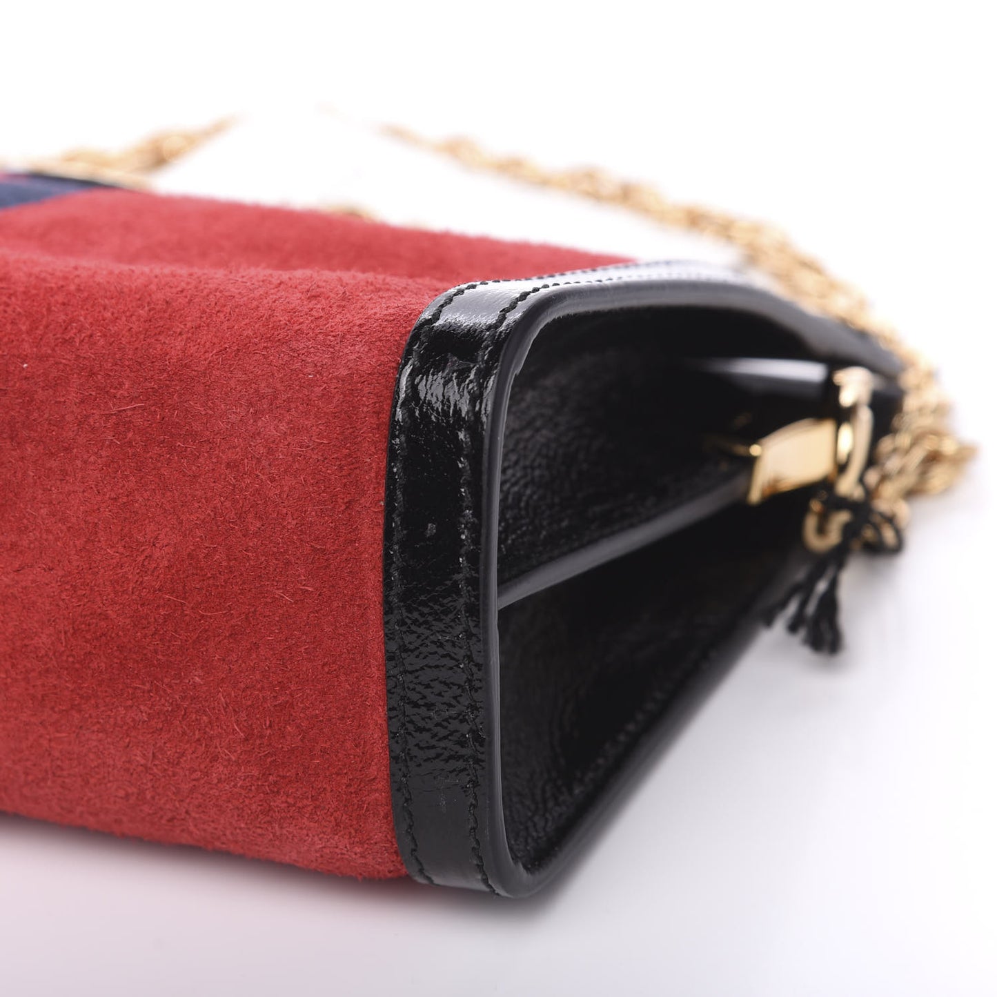 Suede Patent Web Small Ophidia Chain Shoulder Bag Hibiscus Red Black