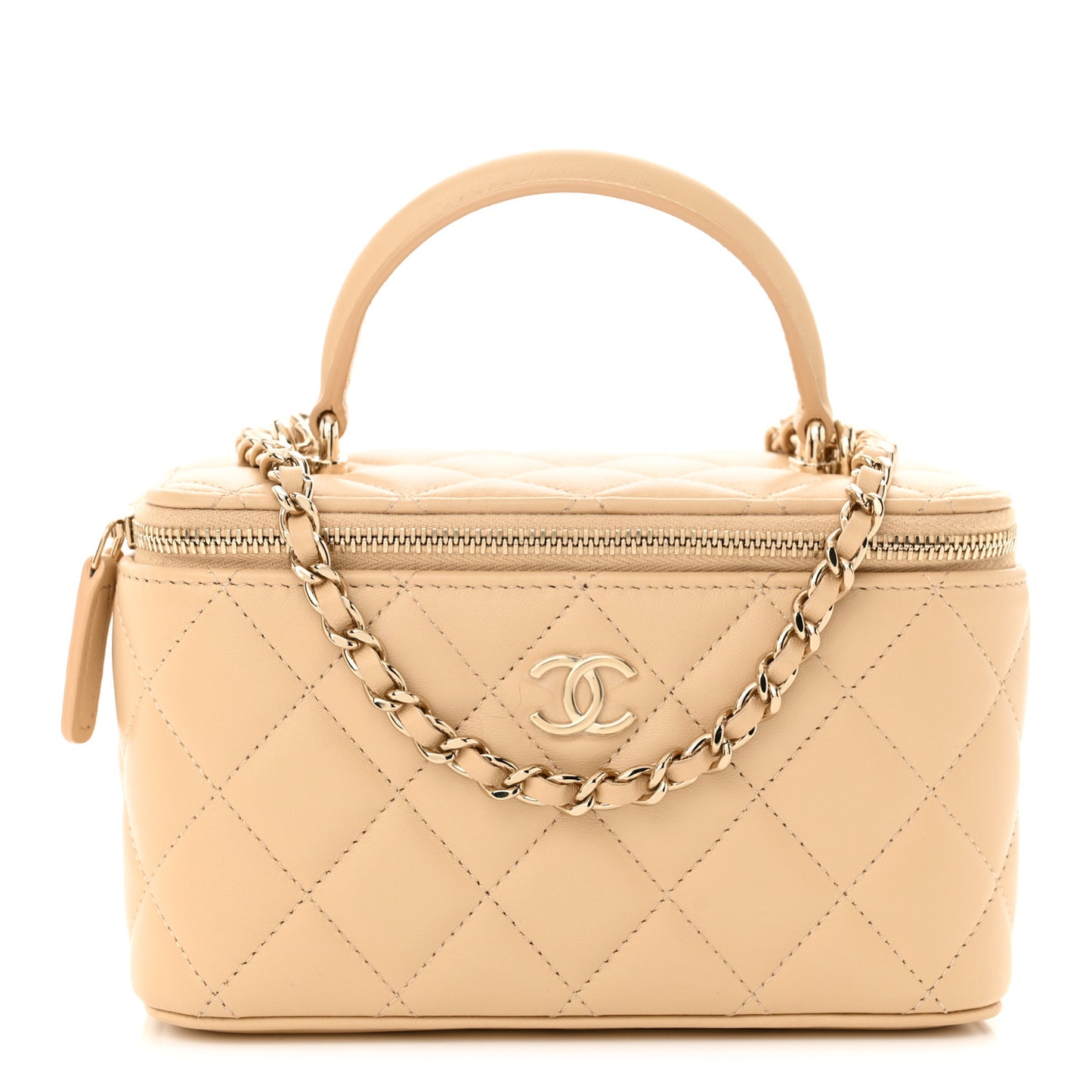 Lambskin Quilted Small Top Handle Vanity Case With Chain Beige