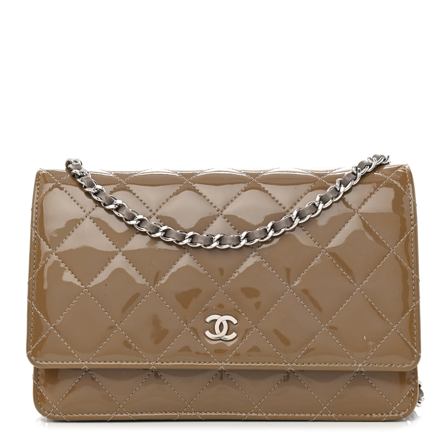 Patent Quilted Wallet On Chain WOC Brown