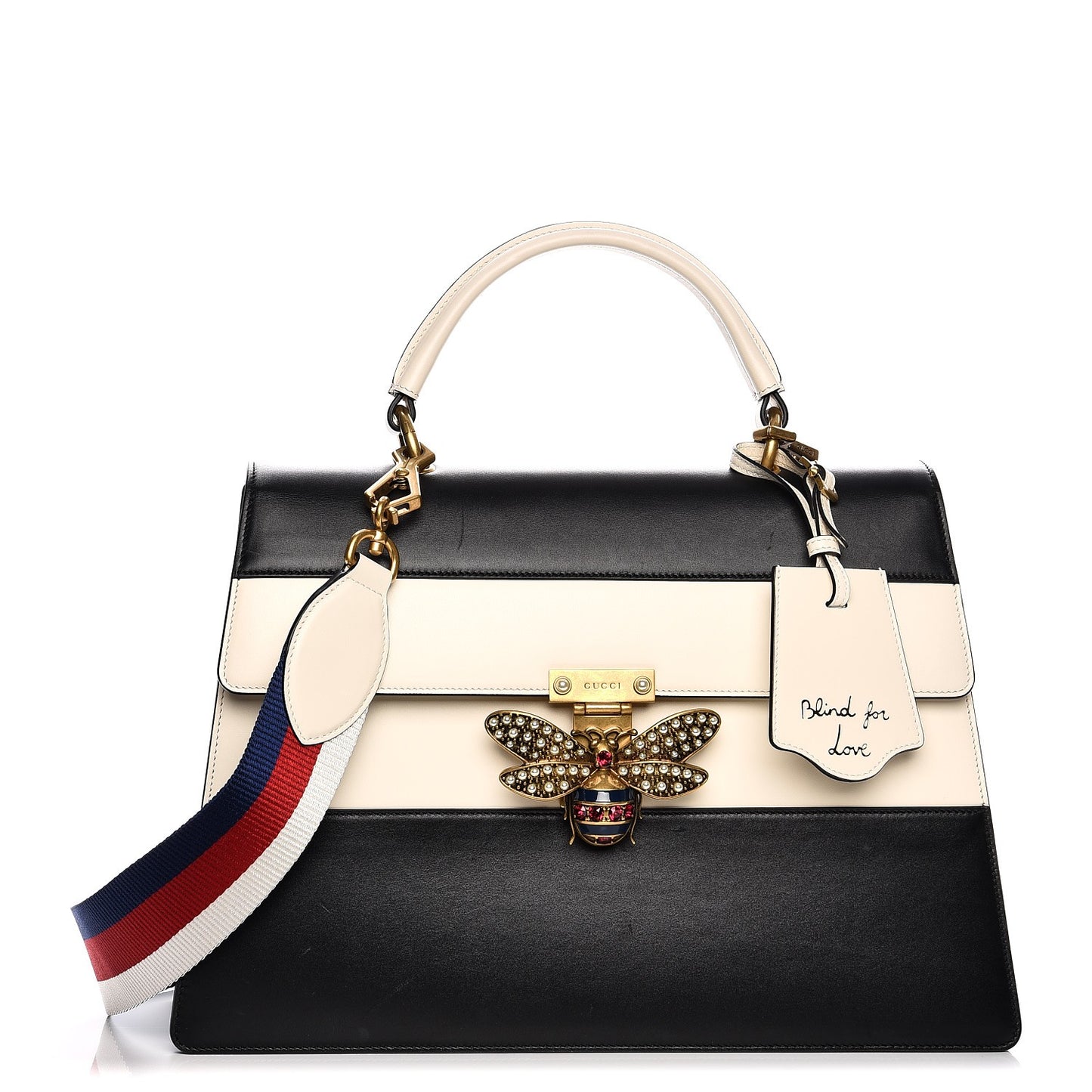 Calfskin Sylvie Web Large Queen Margaret Top Handle Bag Black Mystic White