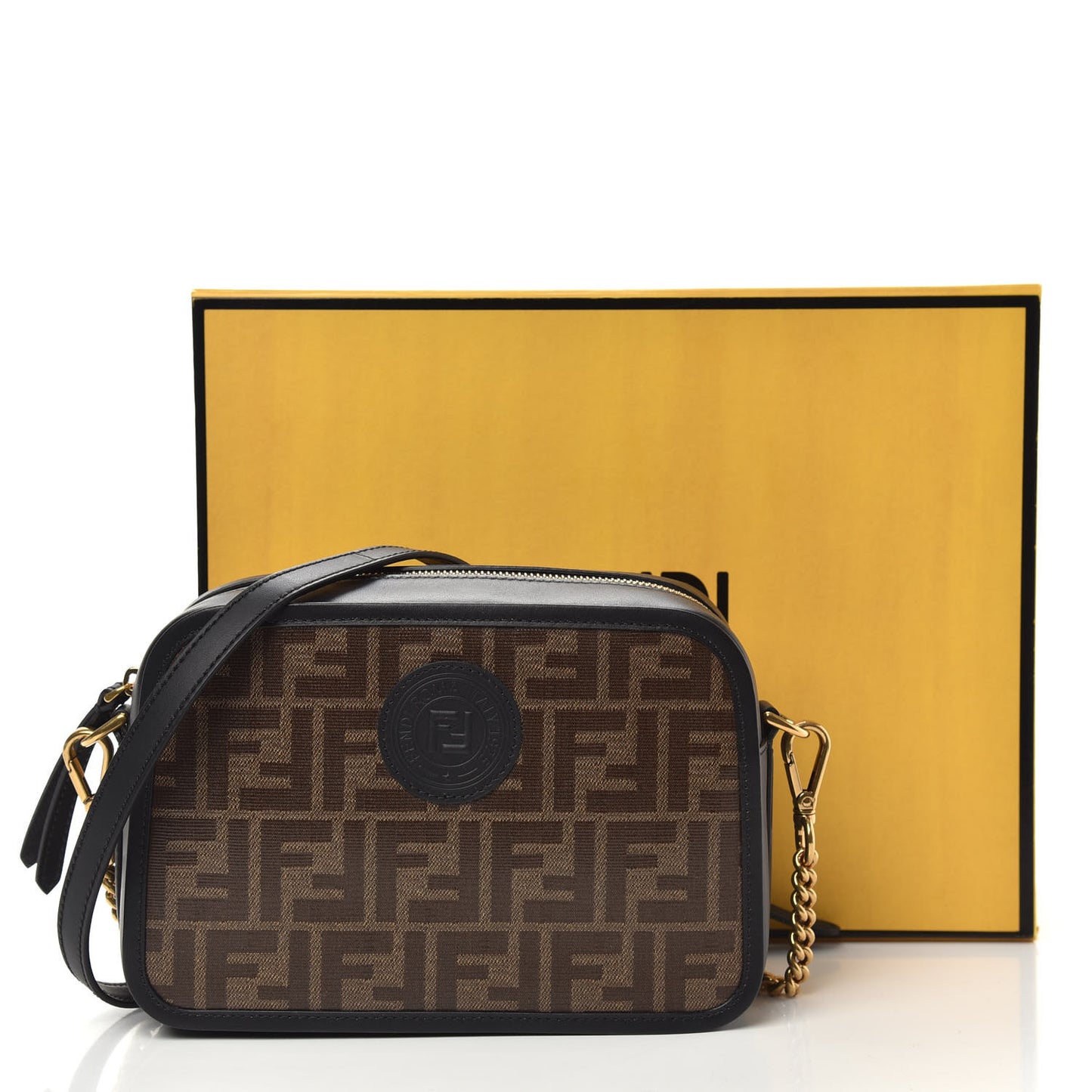 Glazed Fabric Vitello Century FF 1974 Stamp Patch Camera Case Mogano Panna Black