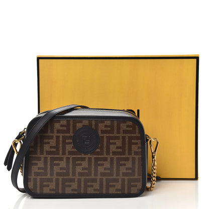Fendi Glazed Fabric Vitello Century FF 1974 Stamp Patch Camera Case Mogano Panna Black 11 of 11
