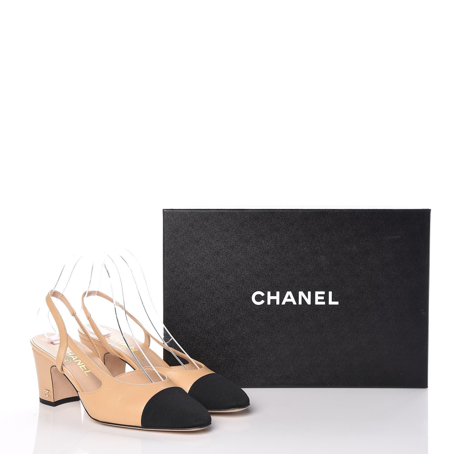 Chanel Goatskin Grosgrain Cap Toe CC Slingback Pumps 37.5 Beige Black 11 of 11