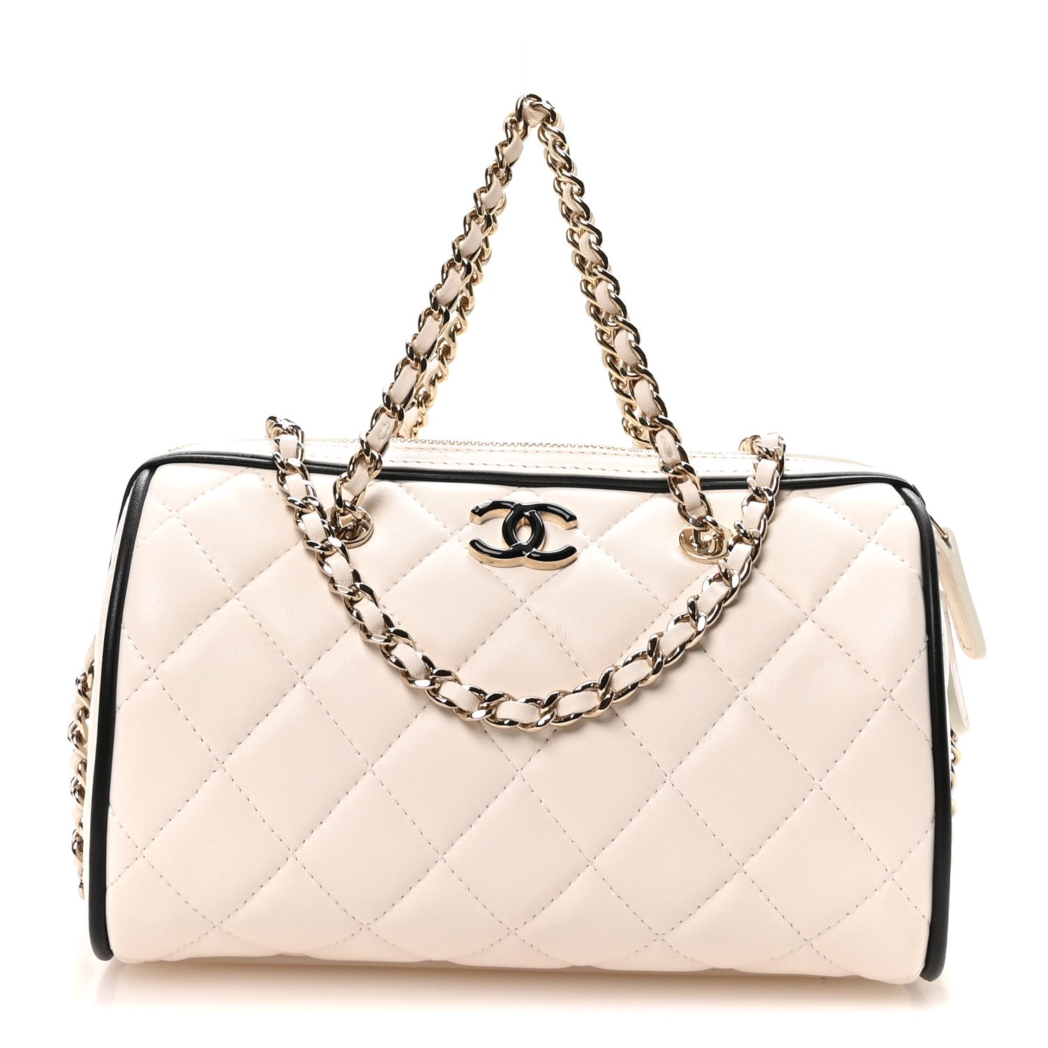 Chanel Lambskin Quilted Resin CC Mini Bowling Clutch With Chain White Black 1 of 10