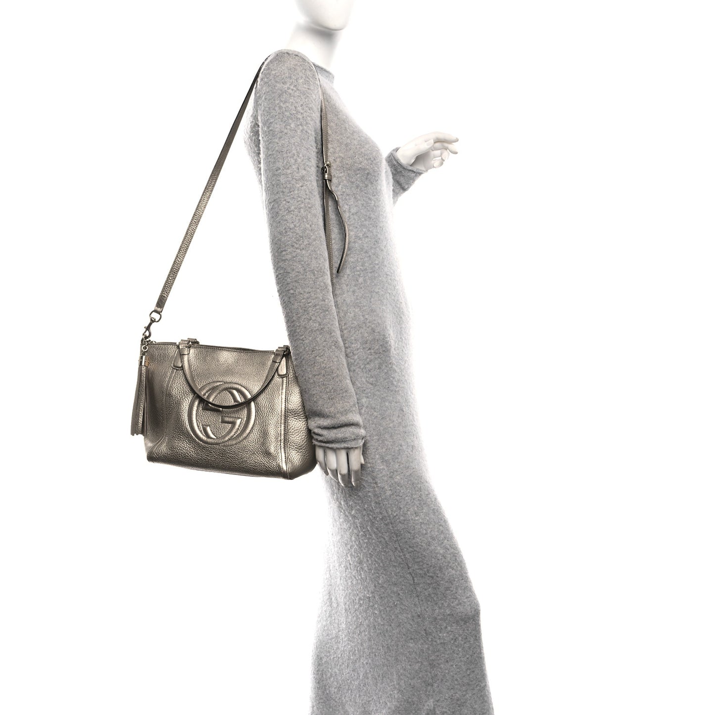 Metallic Pebbled Calfskin Small Soho Top Handle Bag Golden Beige