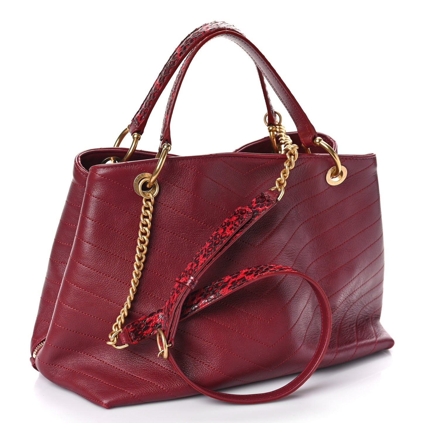 Calfskin Elaphe Stitched Large Chevron Chic Shopping Bag Red