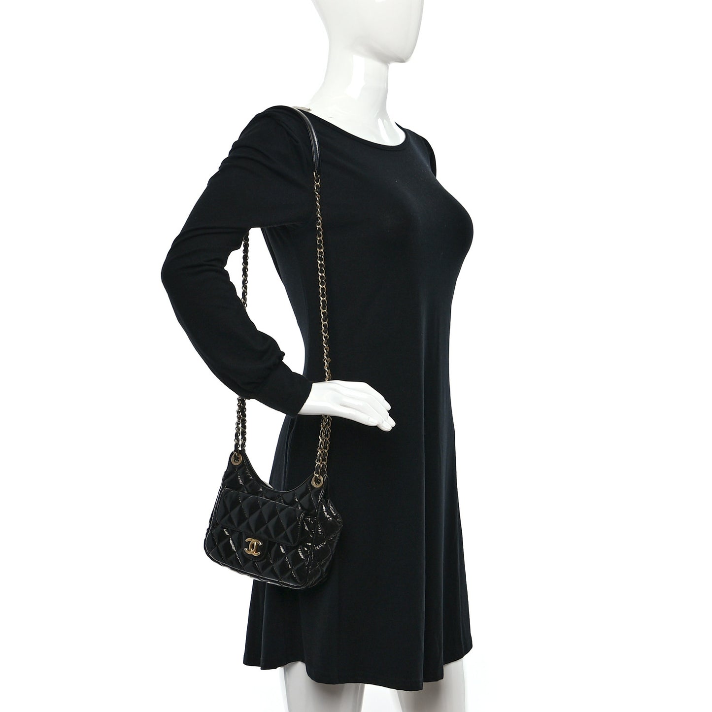 Shiny Crumpled Calfskin Quilted Small Wavy CC Hobo Black