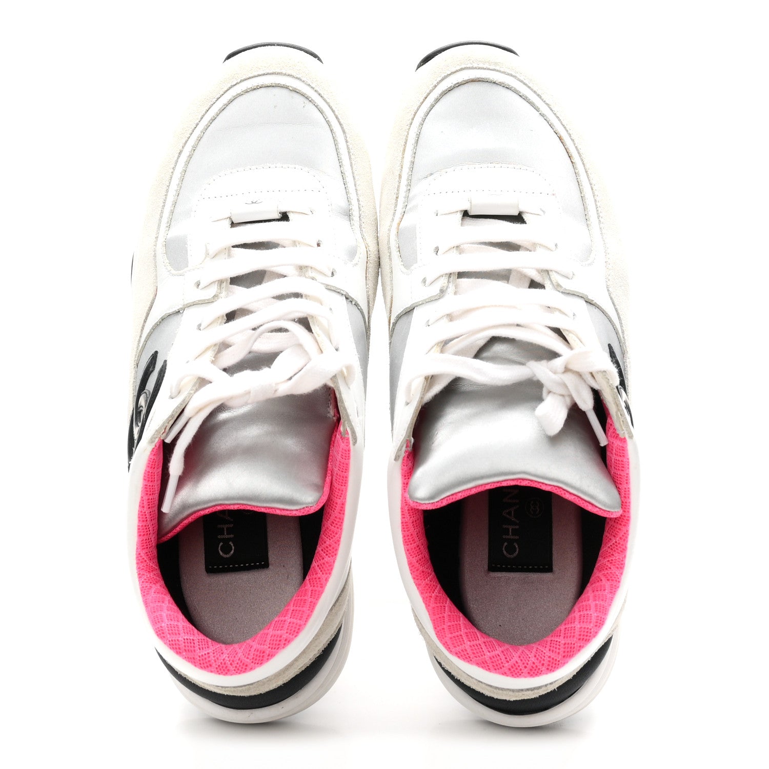 Chanel Calfskin Fabric Sneakers 39 White Silver Fluo Pink 2 of 9