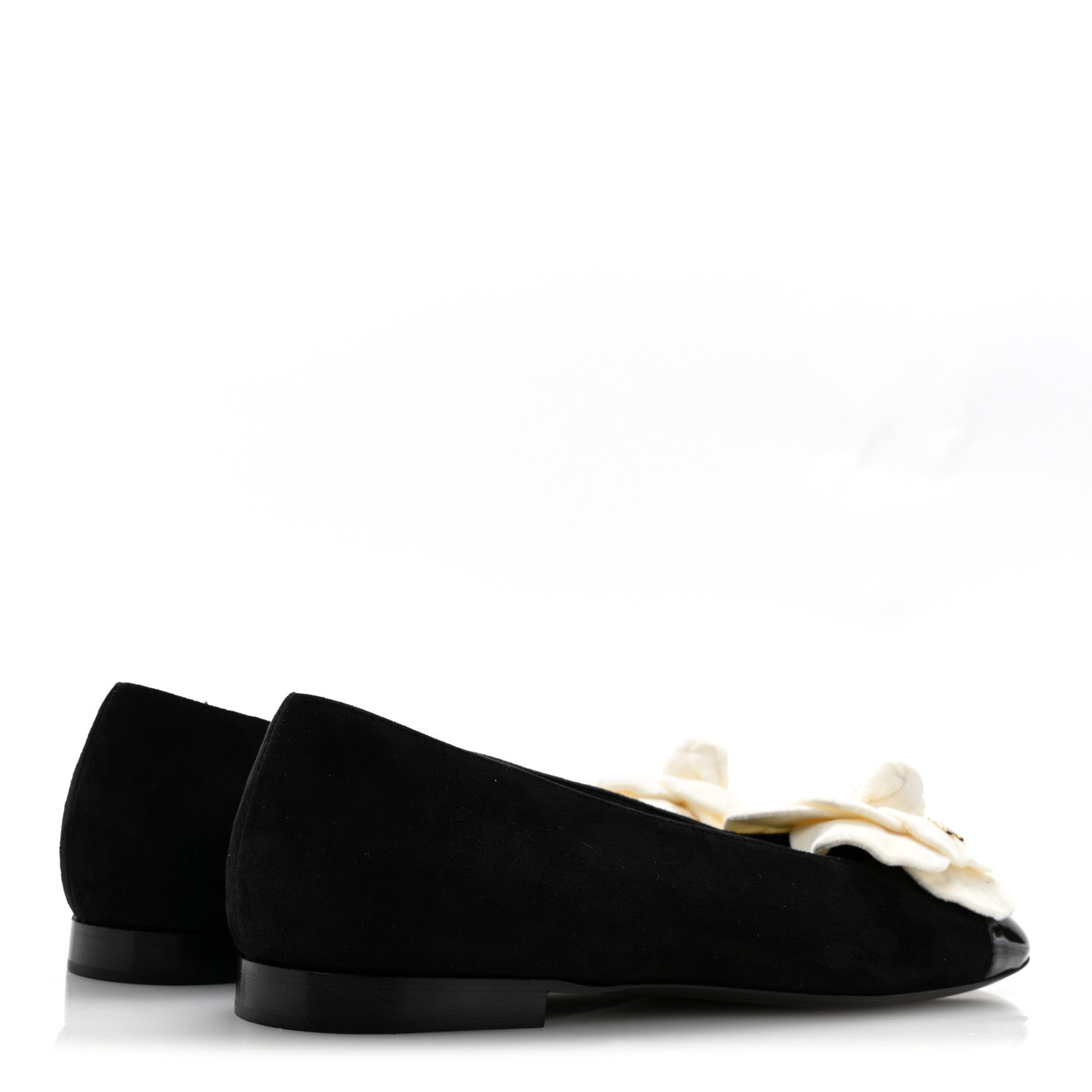 Chanel Suede Patent Cap Toe Camellia Ballerina Flats 37.5 Black White 5 of 10
