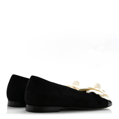 Chanel Suede Patent Cap Toe Camellia Ballerina Flats 37.5 Black White 5 of 10