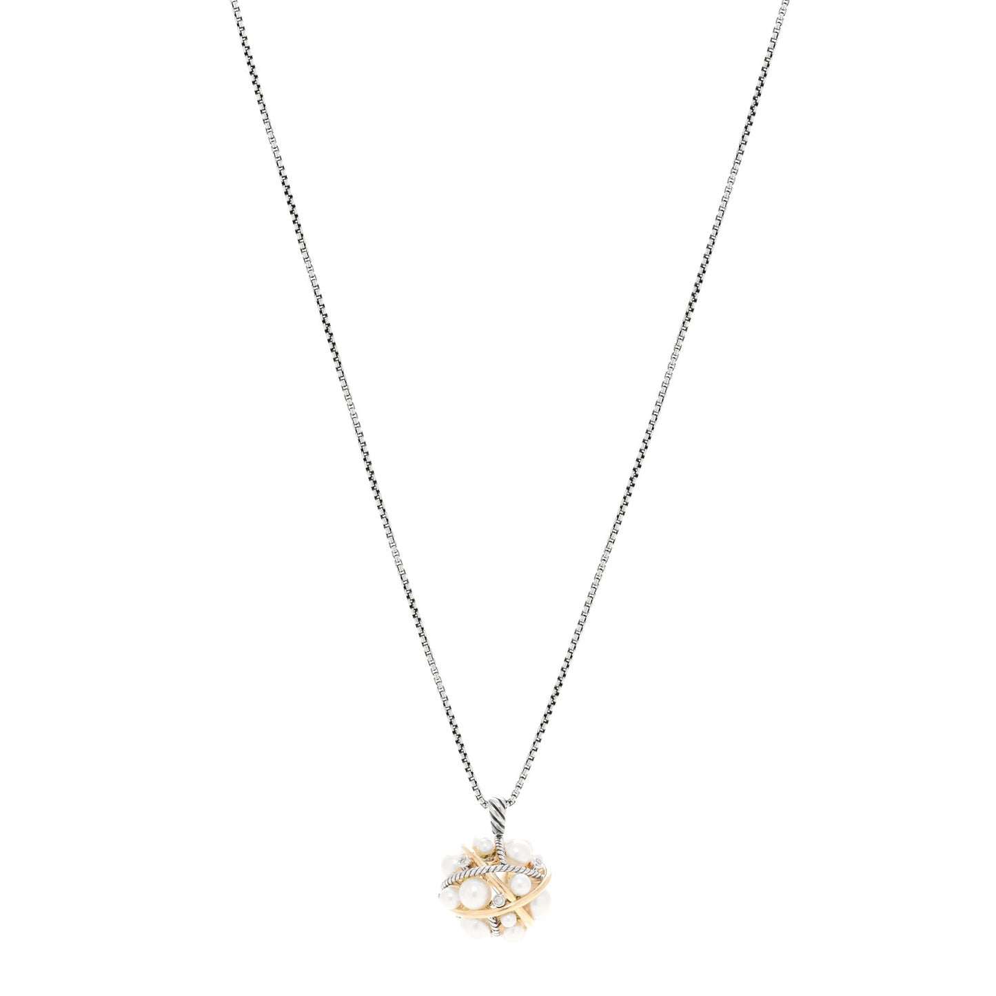 Sterling Silver 18K Yellow Gold Diamond Cultured Pearl Cluster Pendant Necklace