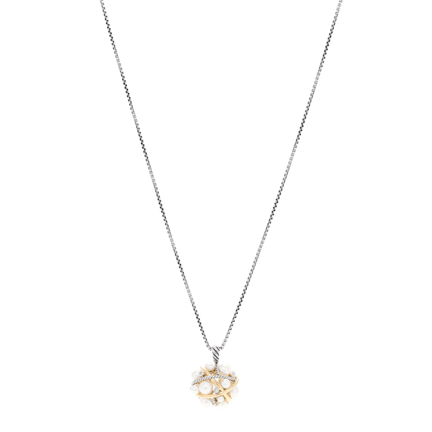 David Yurman Sterling Silver 18K Yellow Gold Diamond Cultured Pearl Cluster Pendant Necklace 1 of 4