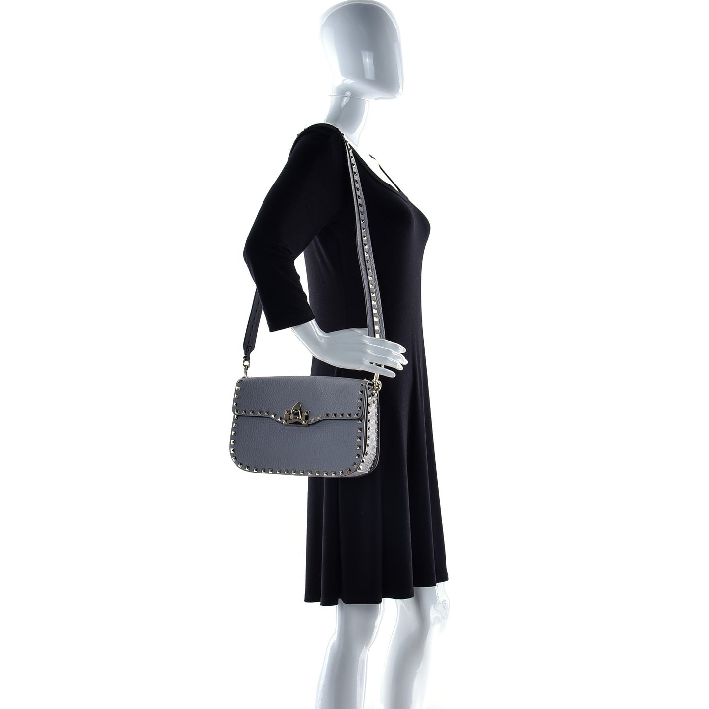 Pebbled Calfskin Medium Rockstud Flap Saddle Bag Pastel Grey