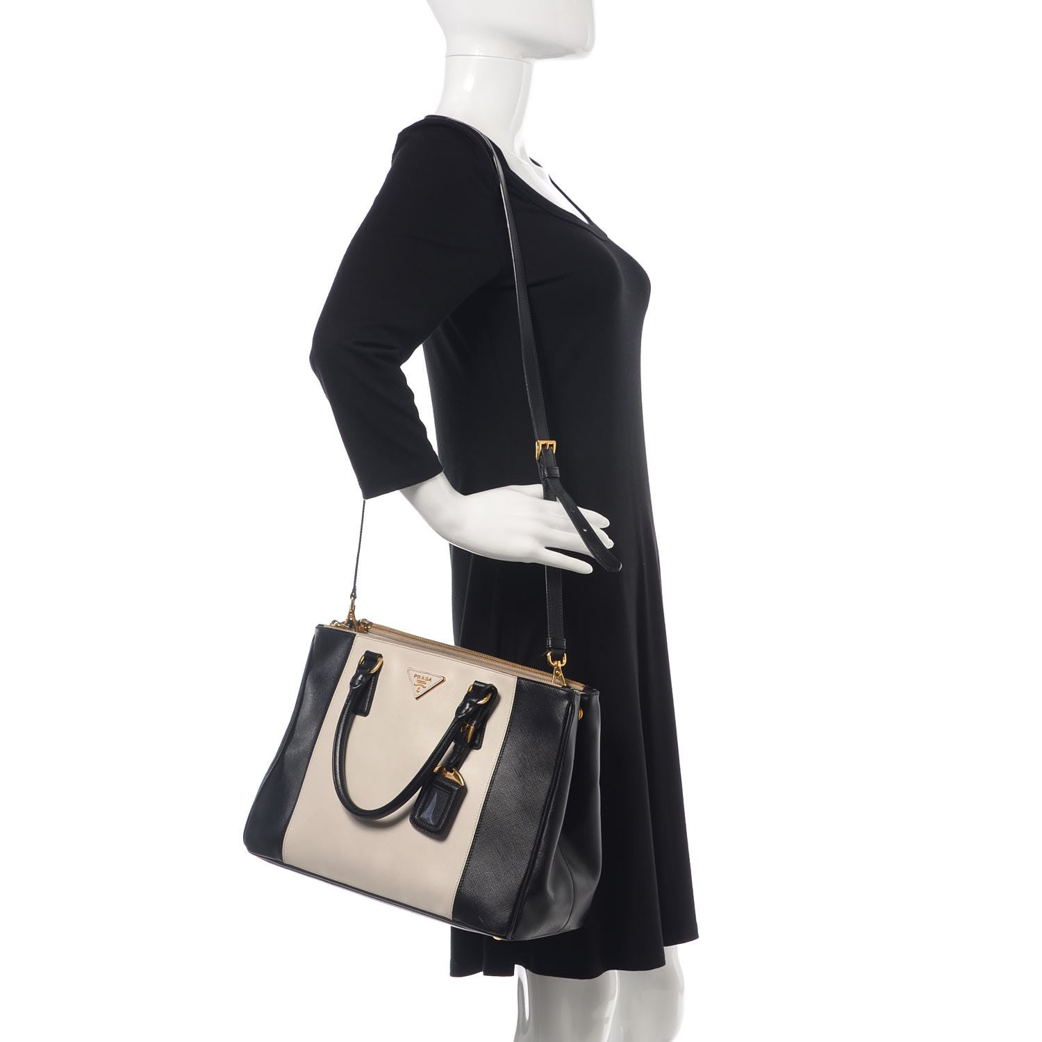 Prada Saffiano Lux Colorblock Medium Galleria Double Zip Tote Black Talco 2 of 11