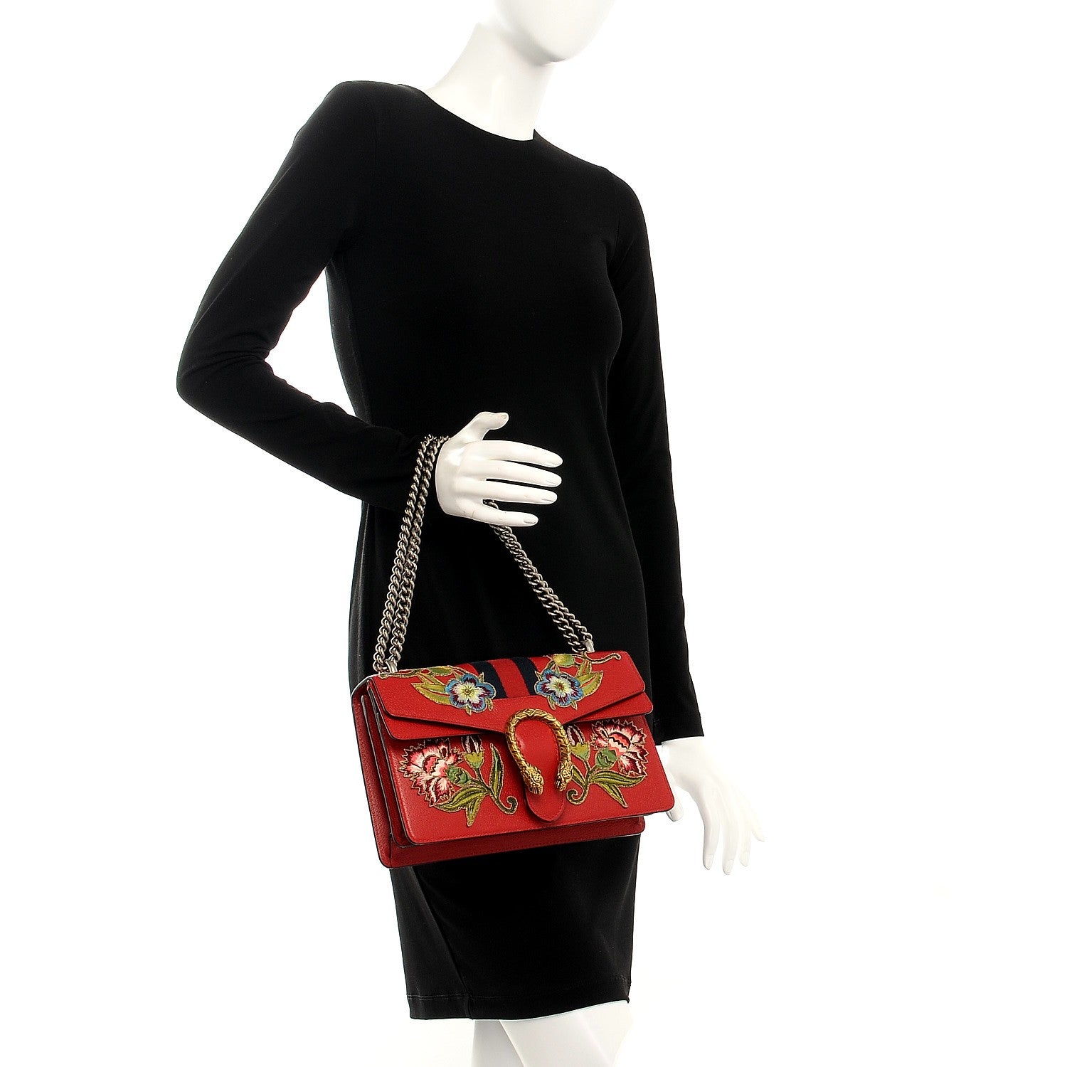 Gucci Calfskin Web Floral Embroidered Small Dionysus Shoulder Bag Hibiscus Red 2 of 7