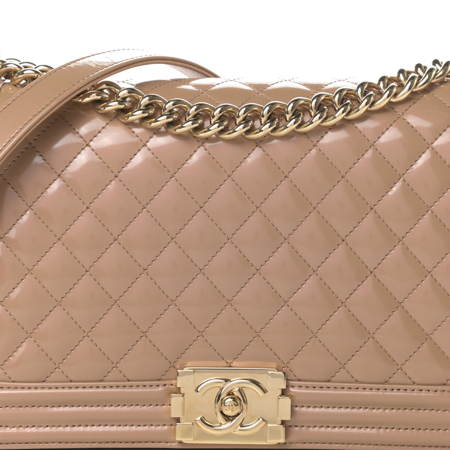 Patent Calfskin Quilted New Medium Boy Flap Beige