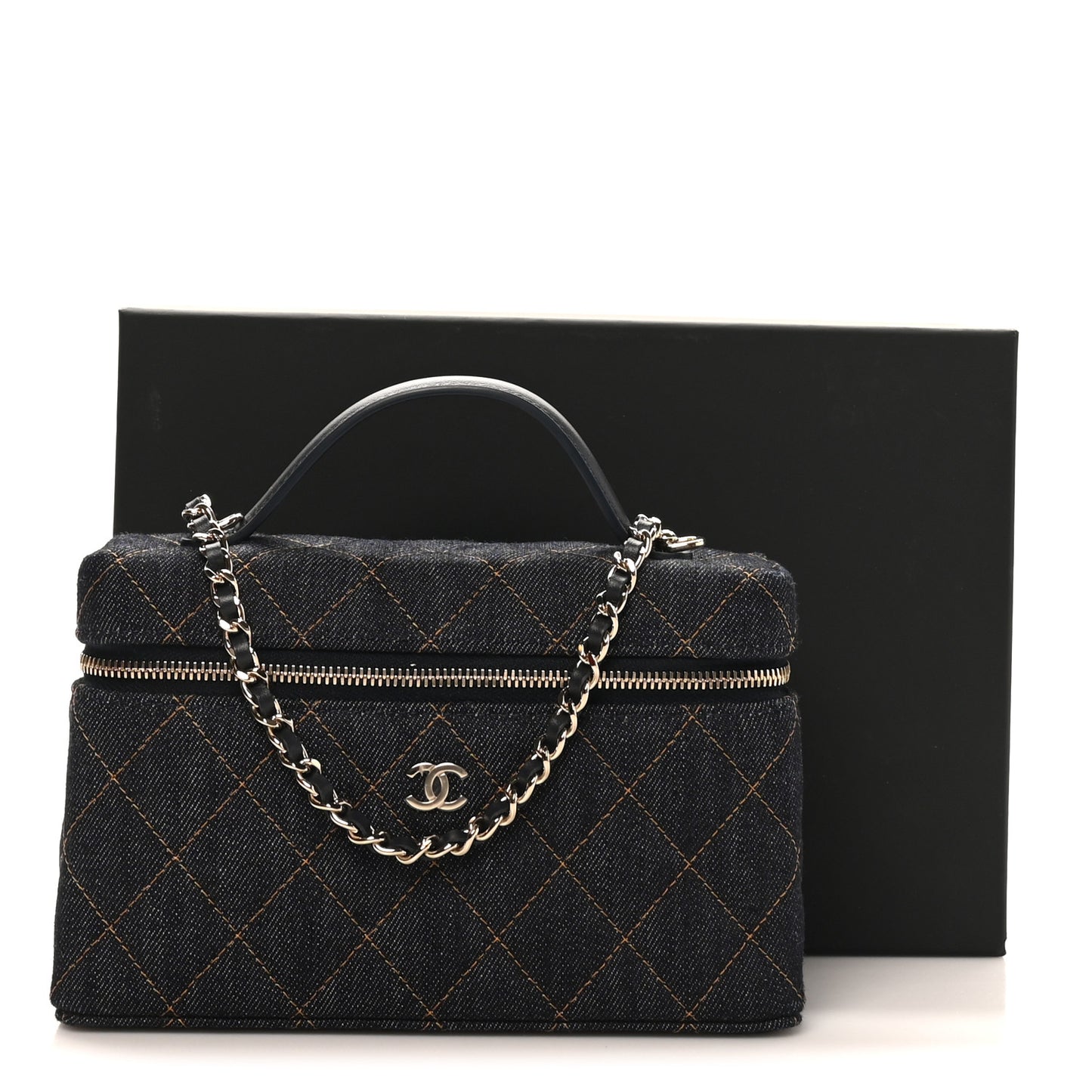 Denim Quilted Top Handle Slim Vanity Case With Chain Dark Blue Orange