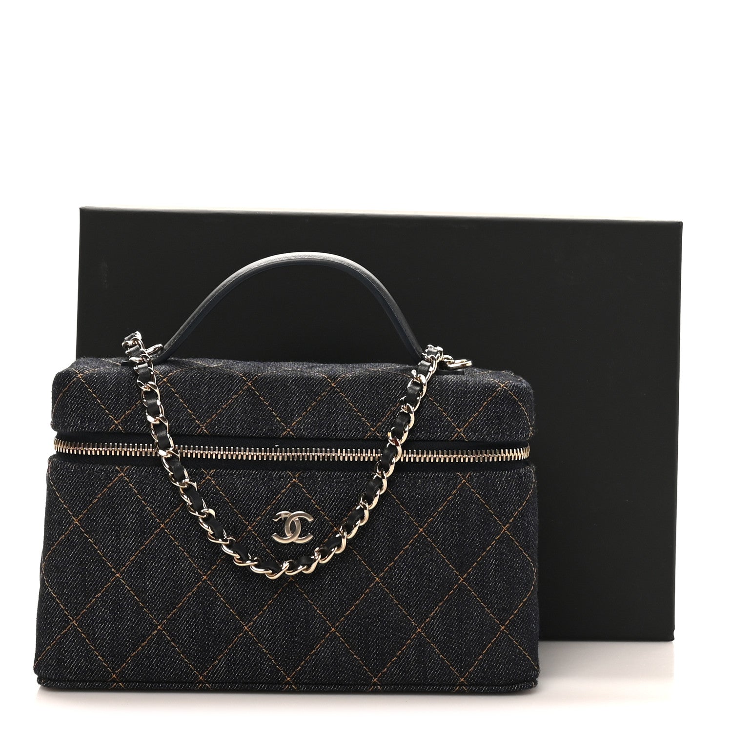 Chanel Denim Quilted Top Handle Slim Vanity Case With Chain Dark Blue Orange 11 of 11