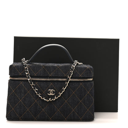 Chanel Denim Quilted Top Handle Slim Vanity Case With Chain Dark Blue Orange 11 of 11