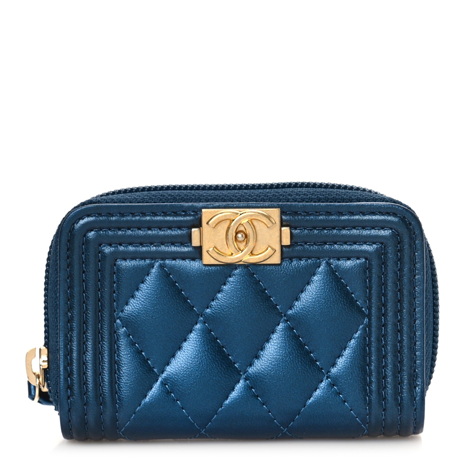 Chanel Metallic Lambskin Quilted Boy Zip Around Coin Purse Wallet Blue 1 of 9