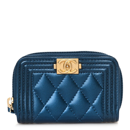 Chanel Metallic Lambskin Quilted Boy Zip Around Coin Purse Wallet Blue 1 of 9